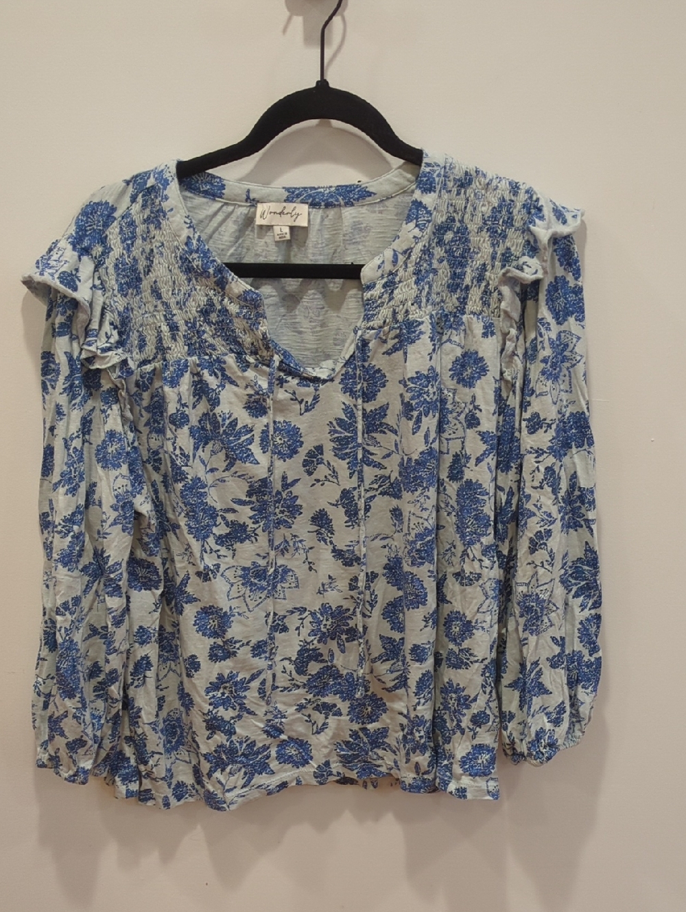 Wonderly Blue Floral Smocked Tie Ruffle Jersey Blouse Large Boho Beachy Whimsy